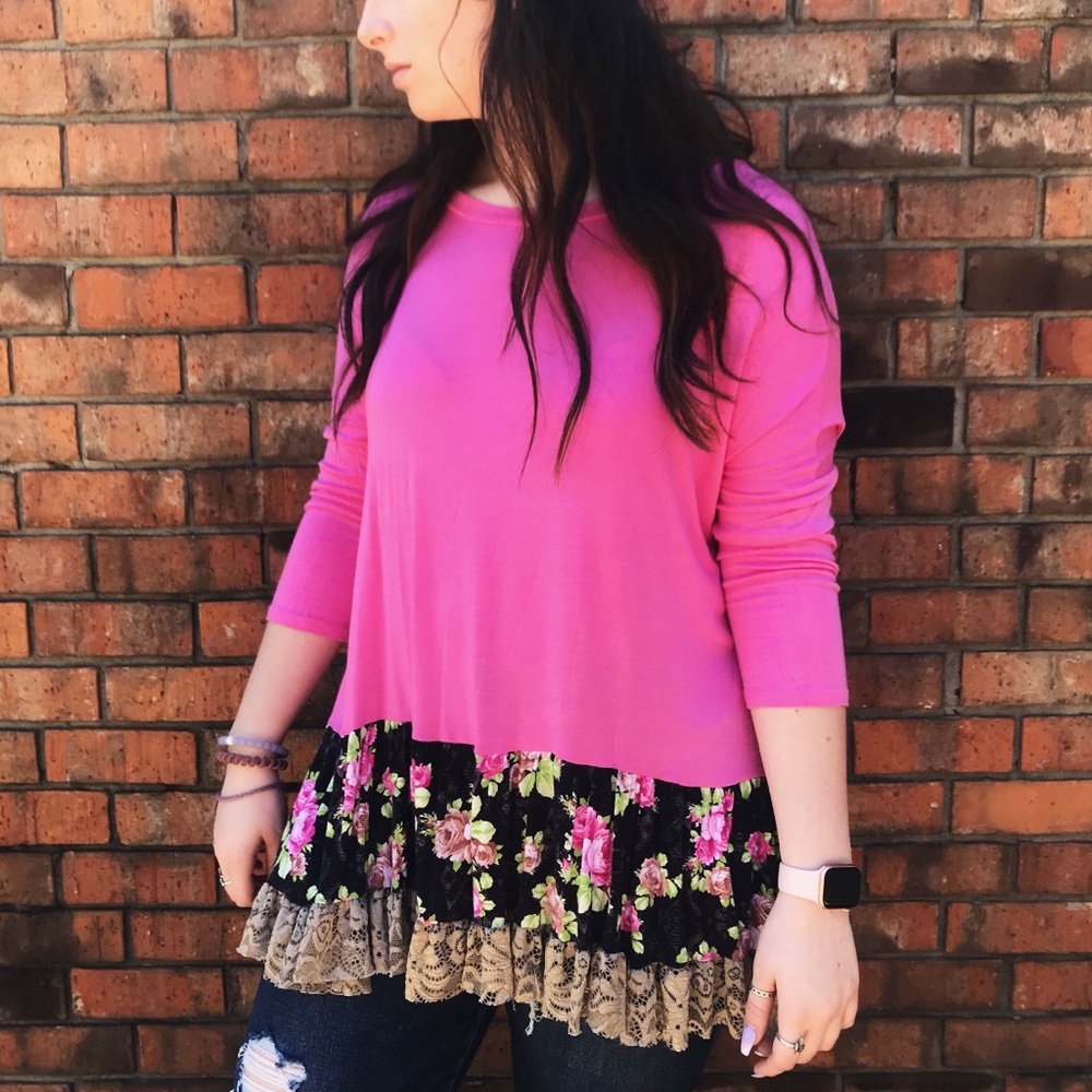 pink shirt with lace trim